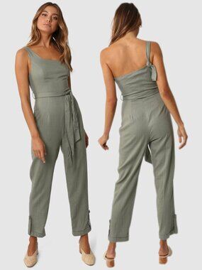 Lost in Lunar Sage Green Linen Blend One Shoulder Jumpsuit
